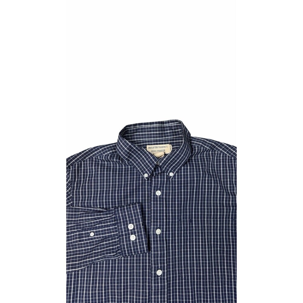 Duluth Trading Long Sleeve Shirt Mens Wrinkle Fighter Size L Tall Trim Fit Blue
